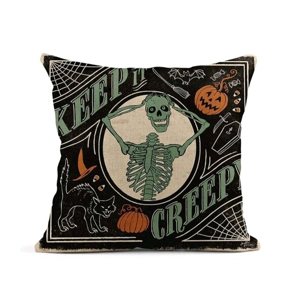 4 Retro Style Halloween Linen Pillow Covers 18x18 Cat Pumpkin Skeleton Bat Decor - Picture 8 of 16
